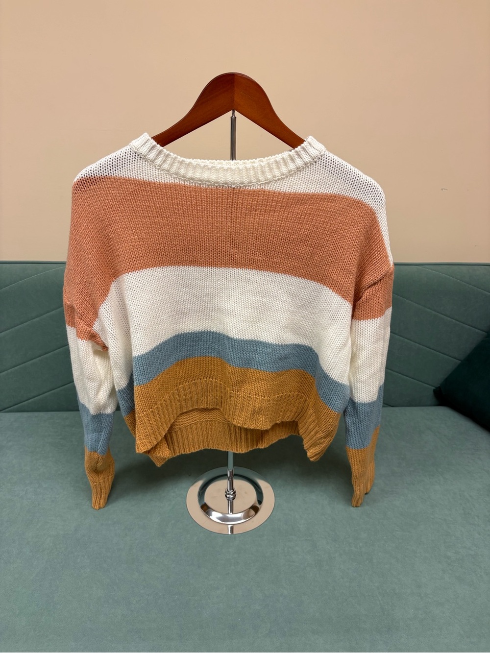 ROMWE Multicolor Striped Cropped Crewneck Sweater - Rust, White, Blue & Mustard